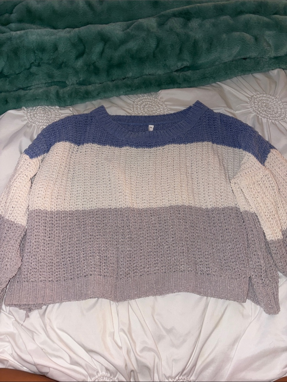Striped Knit Crewneck Sweater in Blue, Cream & Light Gray - Girls